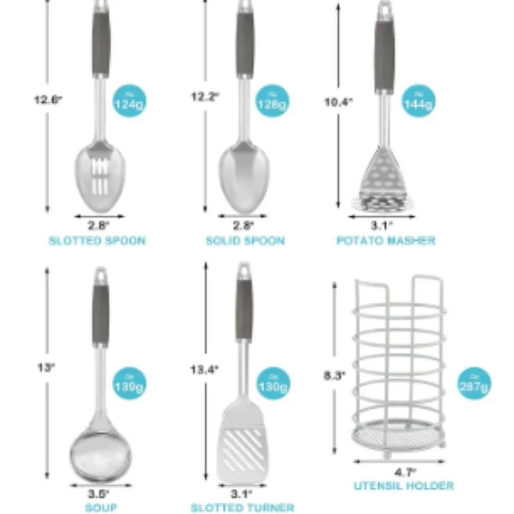 6 pc - Stainless Steel Kitchen Utensils w/ Holder / Non-Stick Silicone Handles